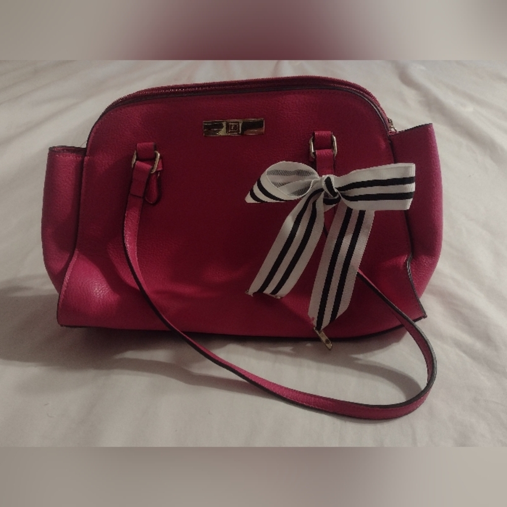 Liz Claiborne Hot Pink Shoulder Bag with Striped Bow Accent